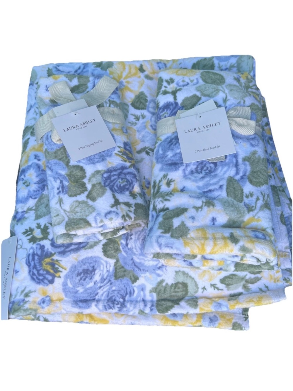 6pc Laura Ashley Blue FLORAL QUARTET Bath Towel set  Bath Hand  Towels Yellow